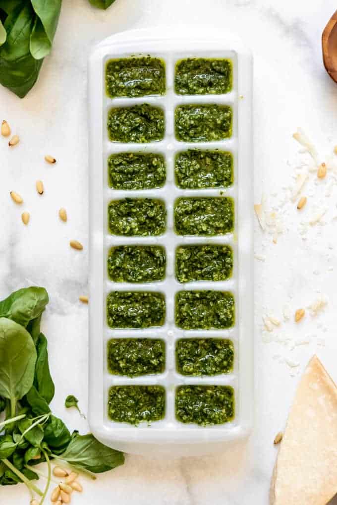 Basil pesto in an ice cube tray ready to be frozen.
