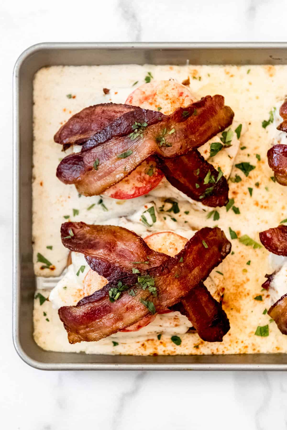 Two hot browns on sheet pan.