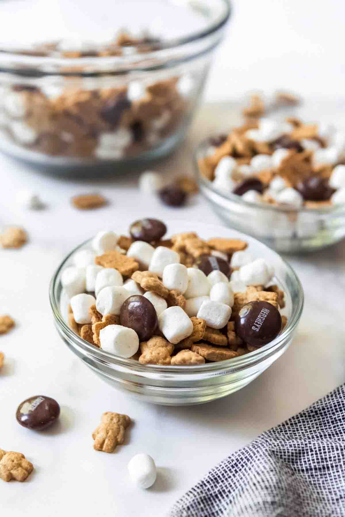 A bowl of s'mores party snack mix.