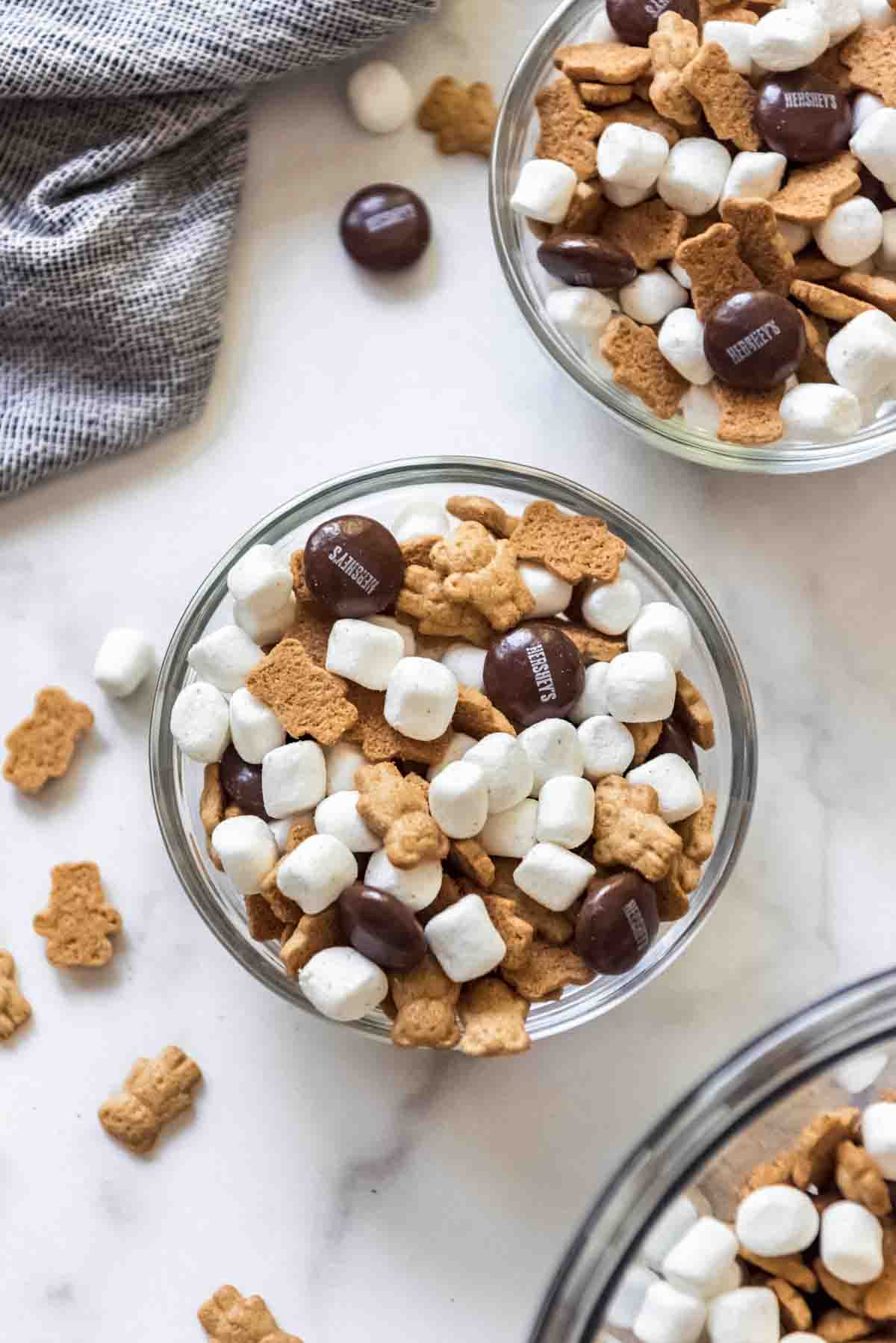 Bowls of s'mores trail mix.