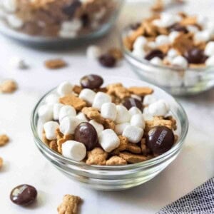 A bowl of s'mores party snack mix.