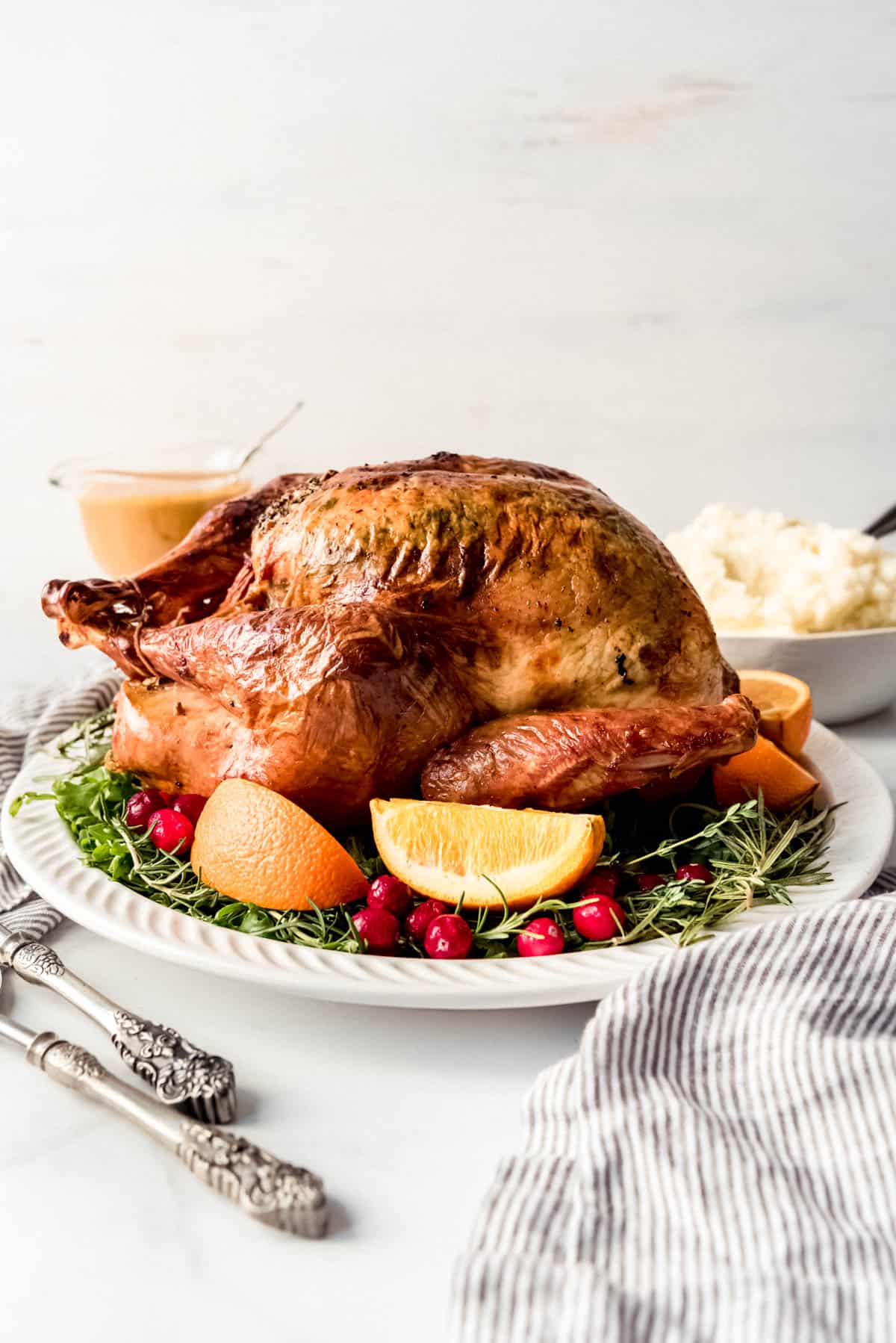 A roast turkey on a platter.