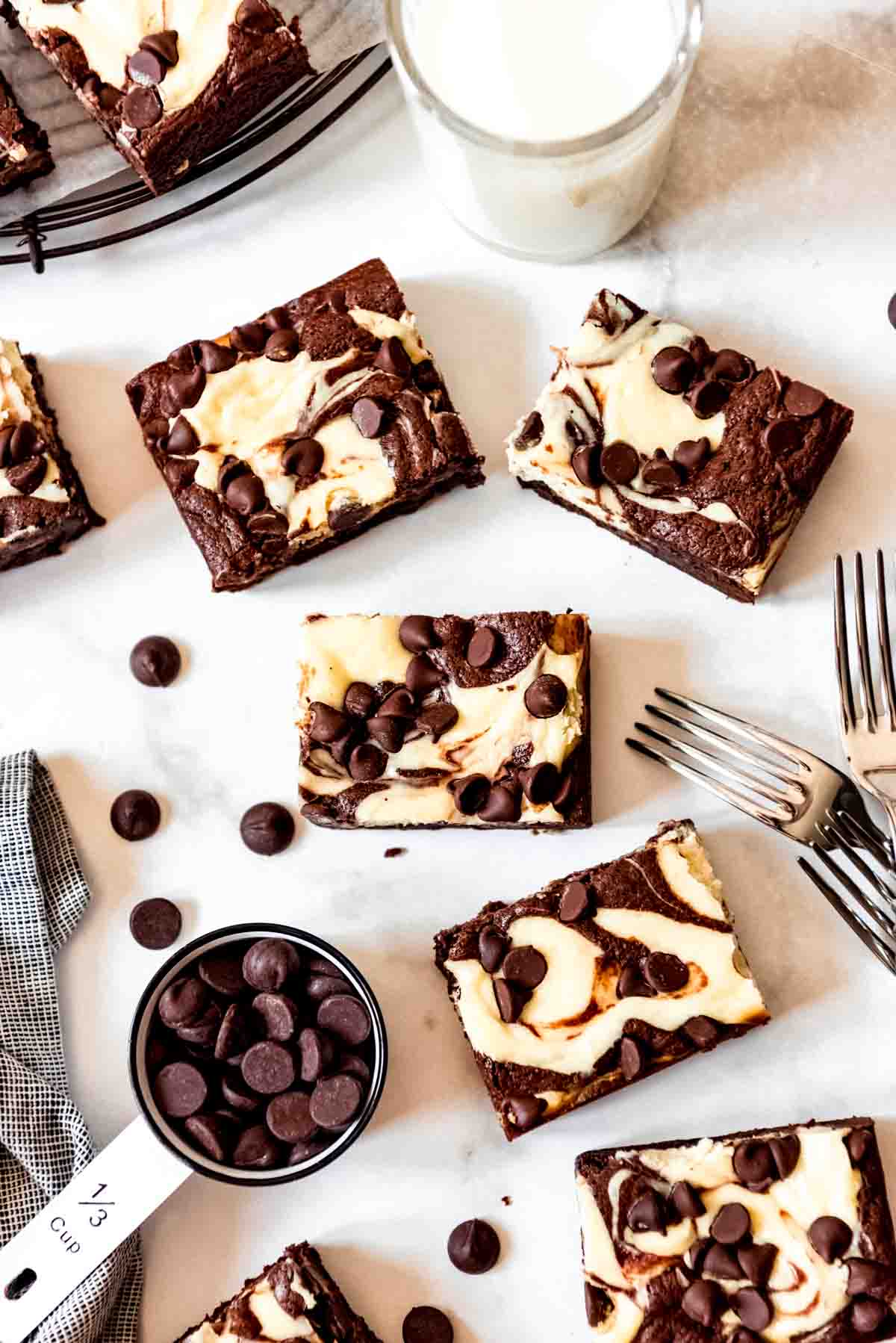 Overhead chocolate cream cheese brownies.