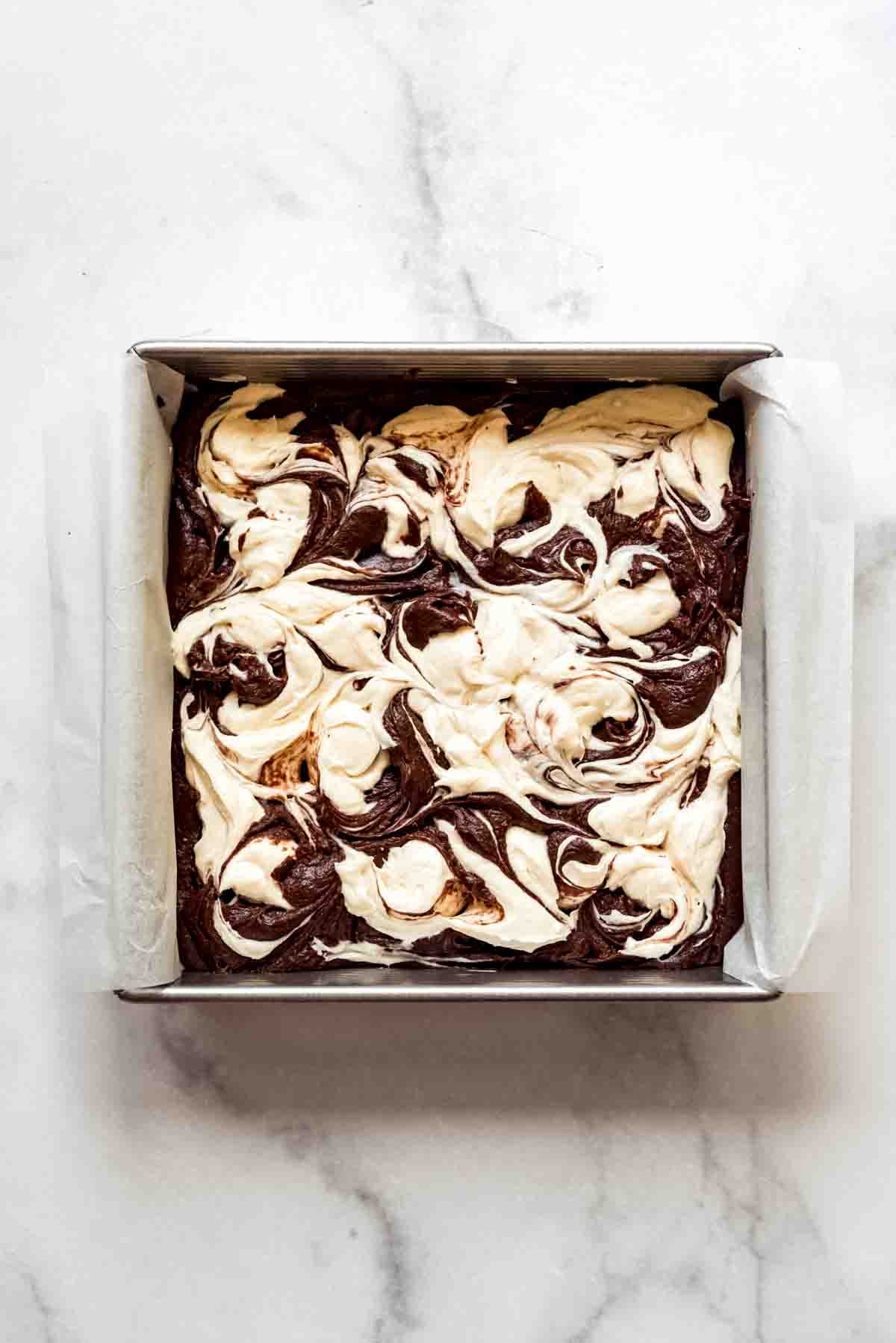 Brownie batter and cream cheese swirled together.