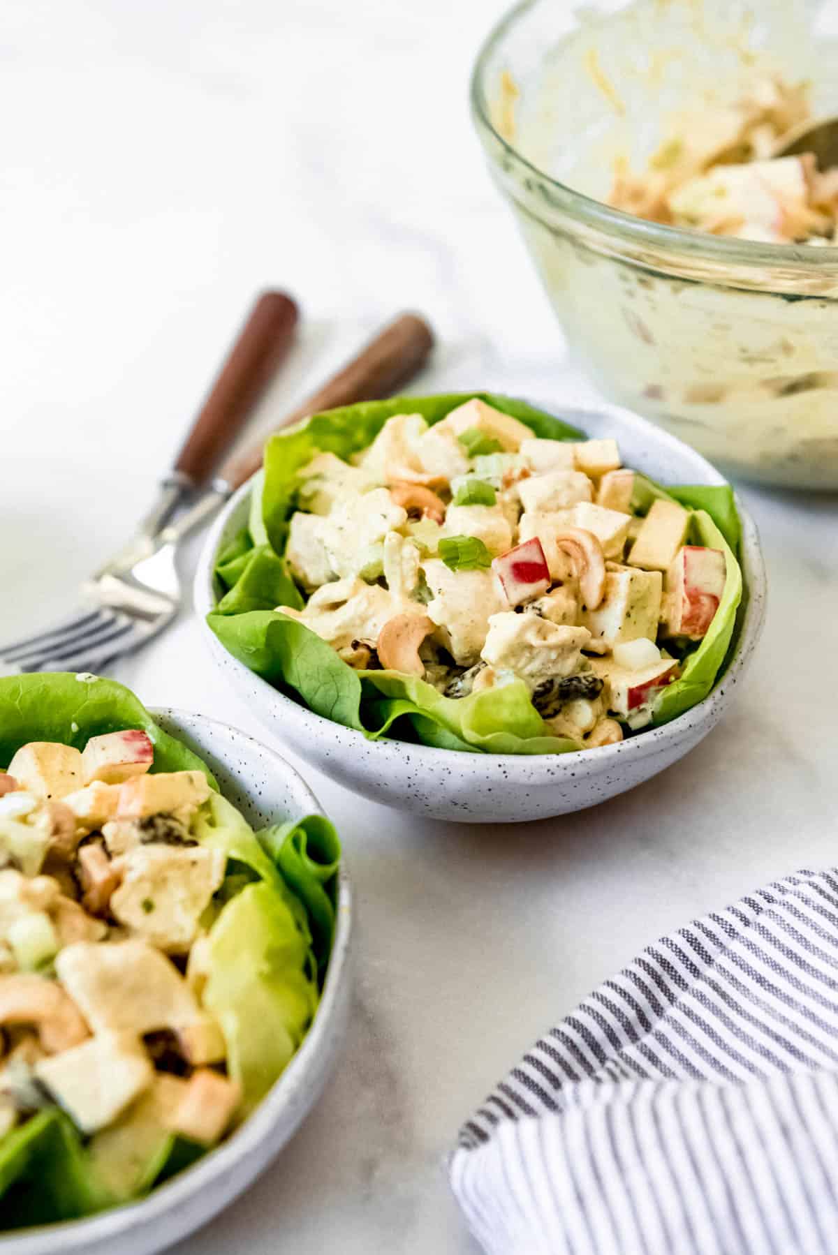 Curried chicken salad served in two bowls with a bed of lettuce.