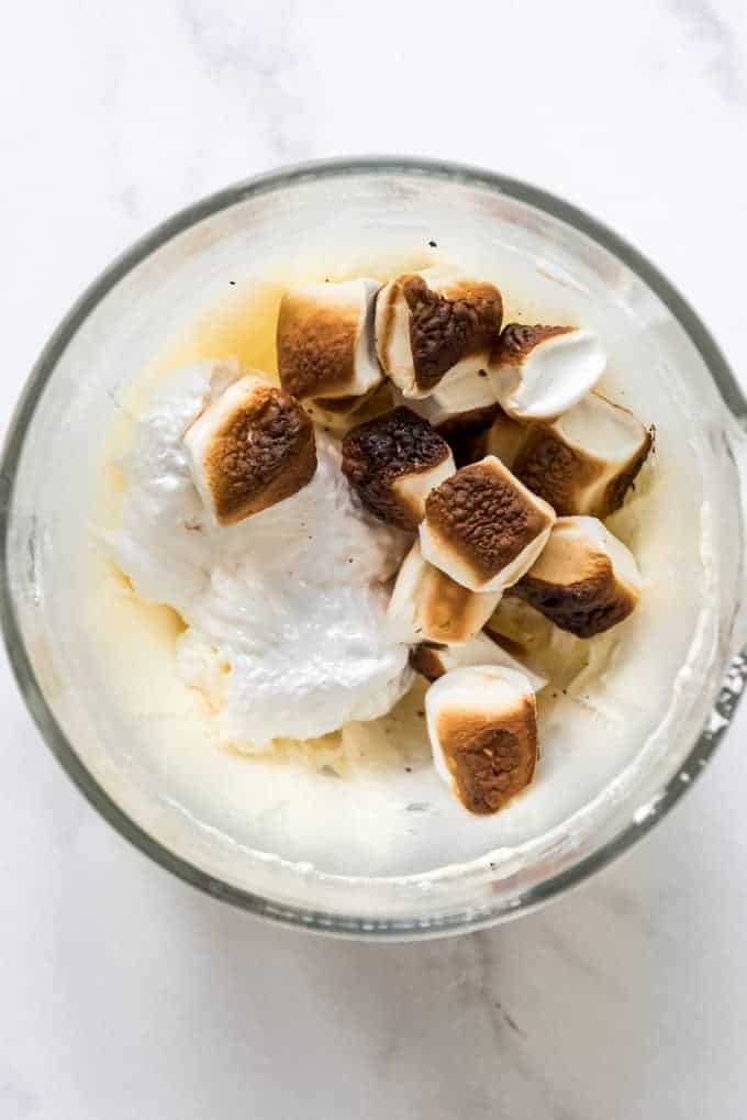 a bowl of toasted marshmallows and other ingredients