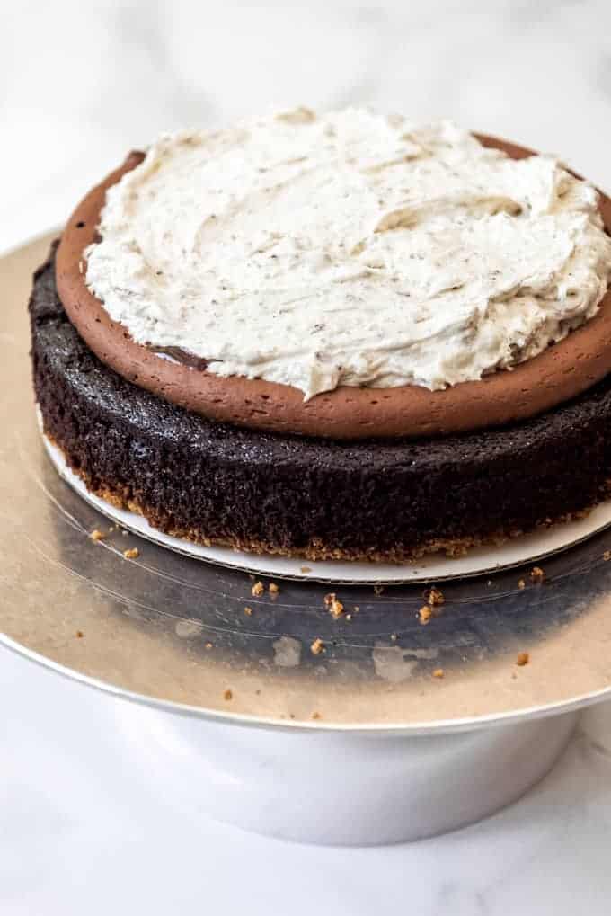 chocoalte cake with a rim of chocolate buttercream around some fluffy marshmallow frosting on top