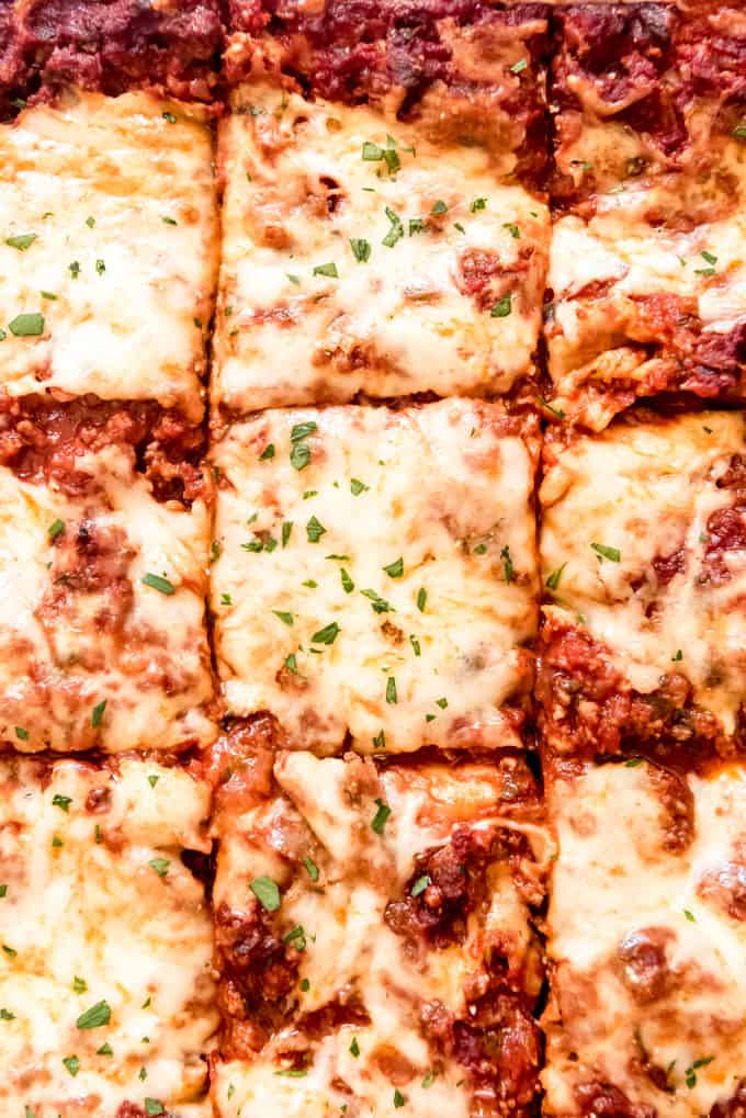close up of classic lasagna slices