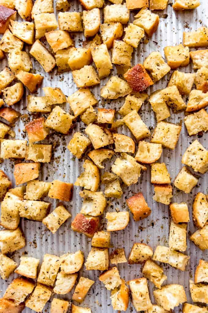 homemade croutons on baking tray