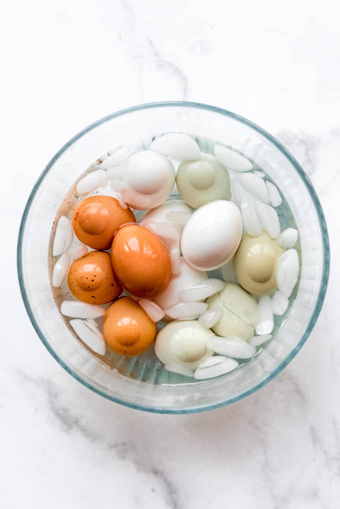 hard boiled eggs in an ice water bath