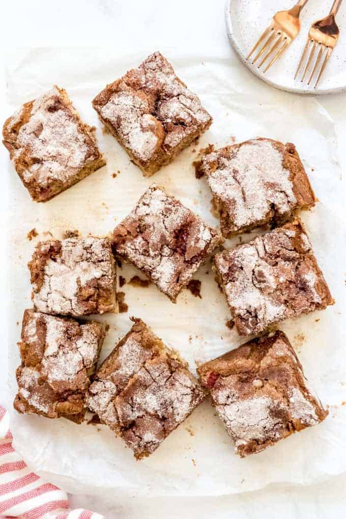 square pieces of rhubarb snack cake