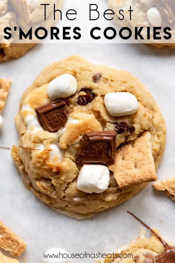 A s'mores cookie with melted Hershey's milk chocolate bar on top and text overlay.