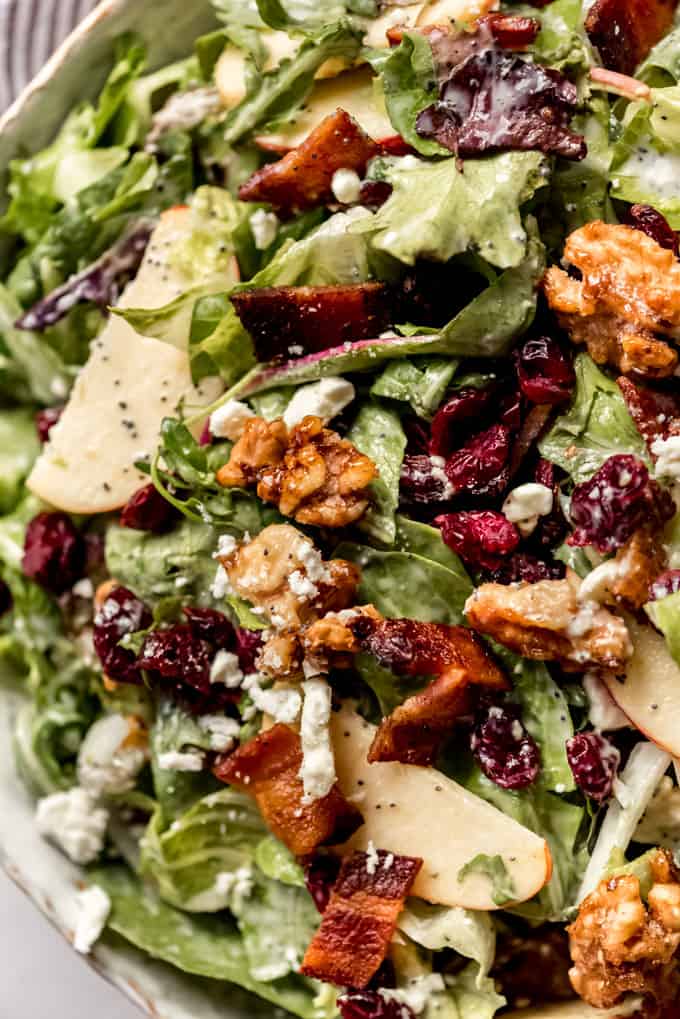 A green salad with candied walnuts, bacon, and cranberries.