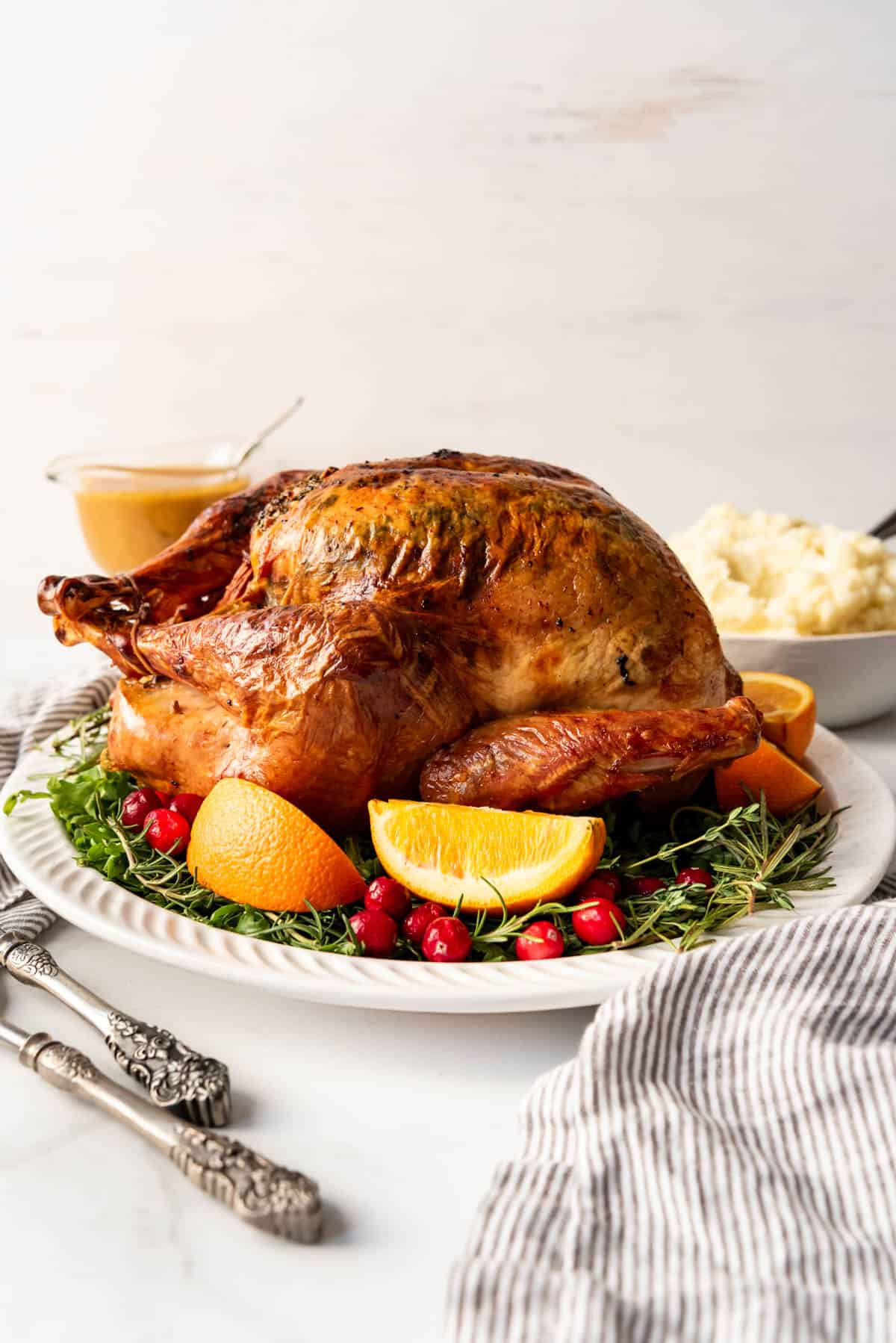 A roasted holiday turkey ready to be carved.