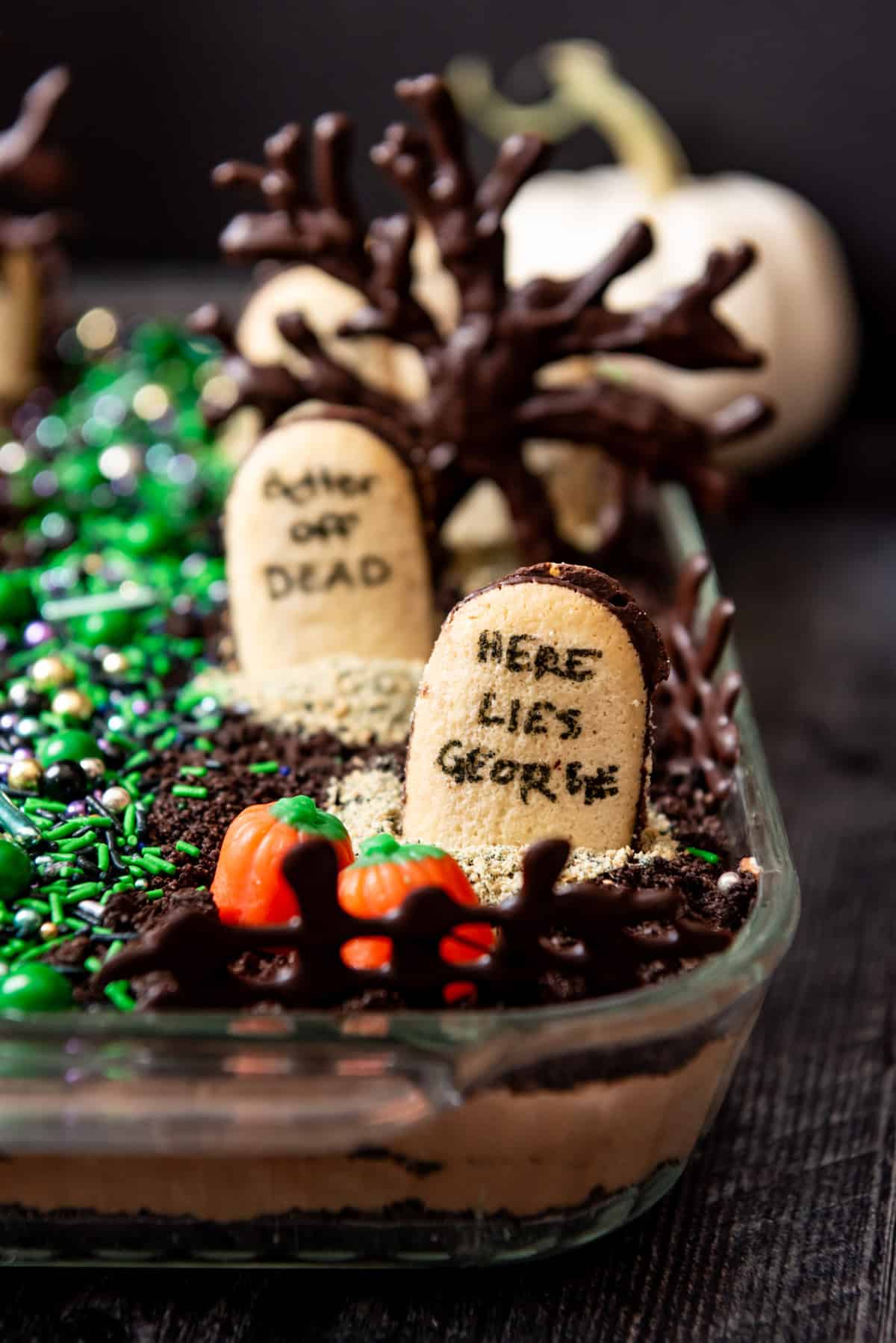 Dirt cake decorated with Halloween candy.