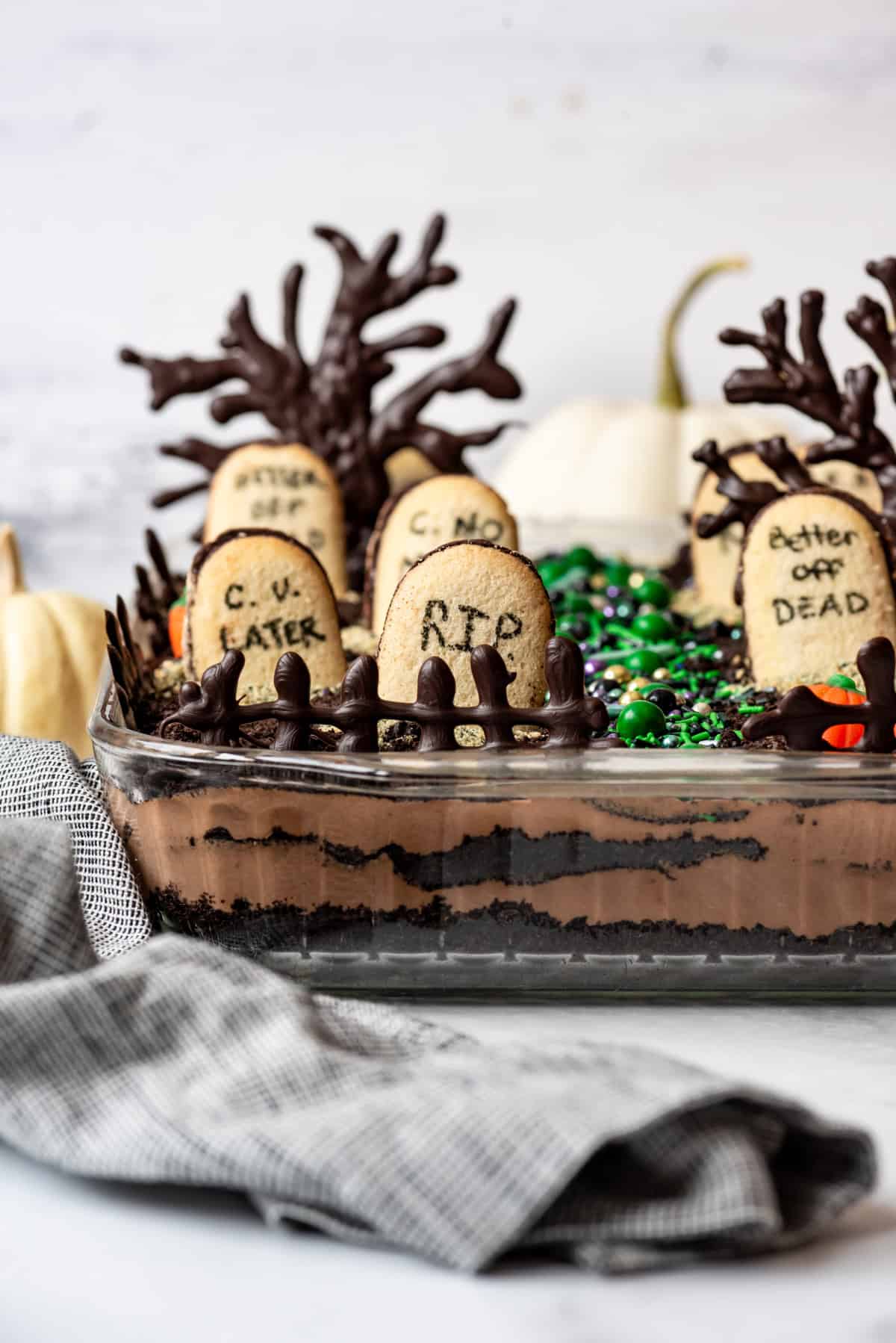 A graveyard dirt cake with Halloween sprinkles.