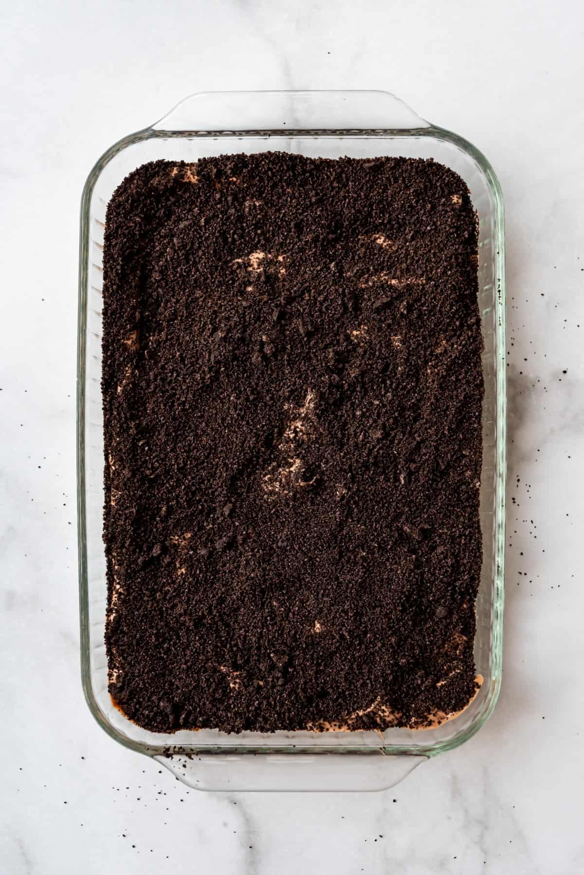 Crushed Oreo crumbs sprinkled over a dirt cake.