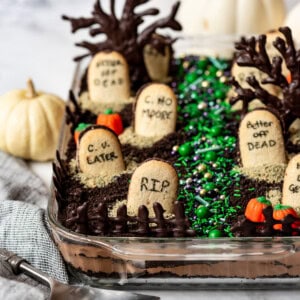 A graveyard dirt cake with Halloween sprinkles.