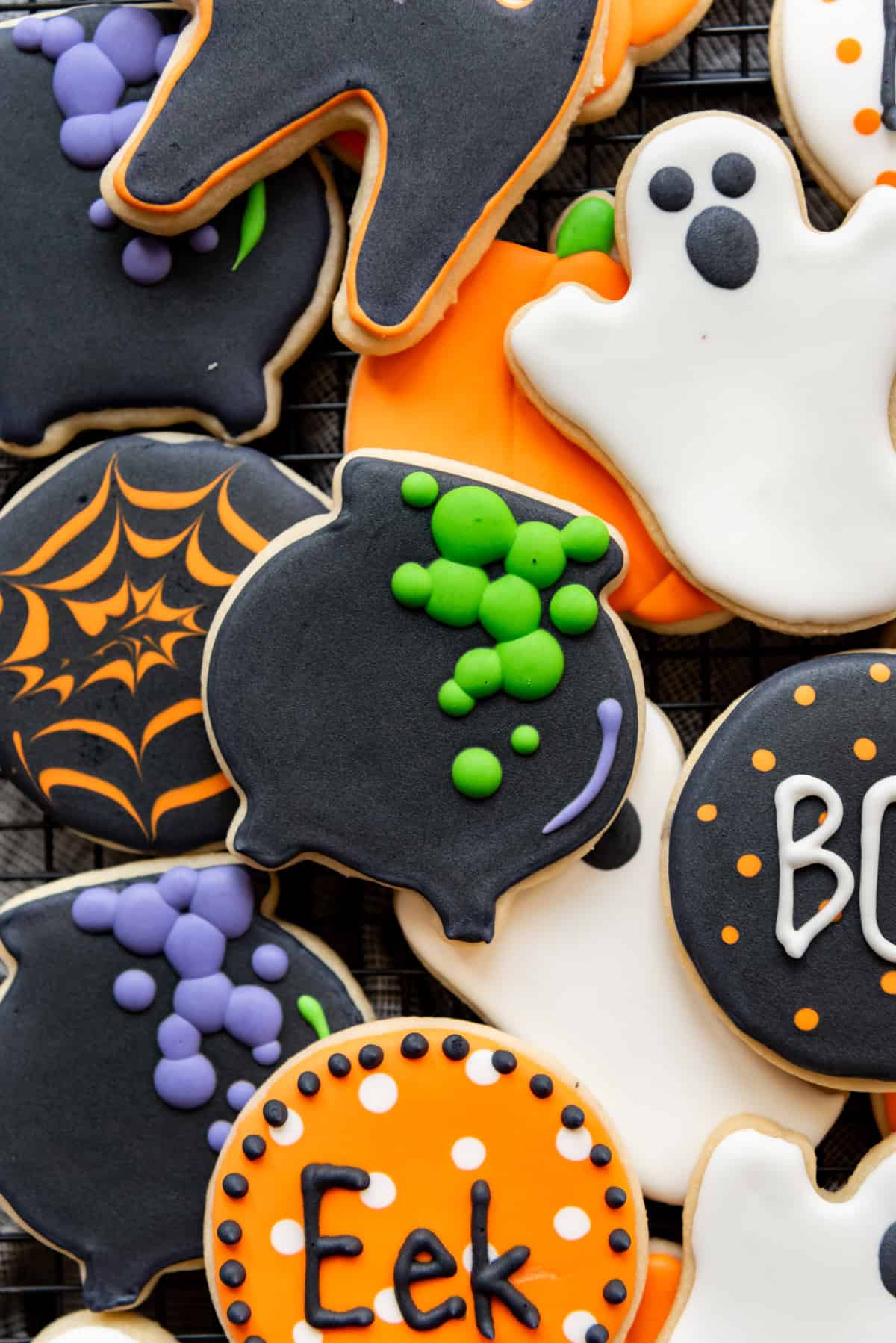 Halloween sugar cookies decorated with royal icing.