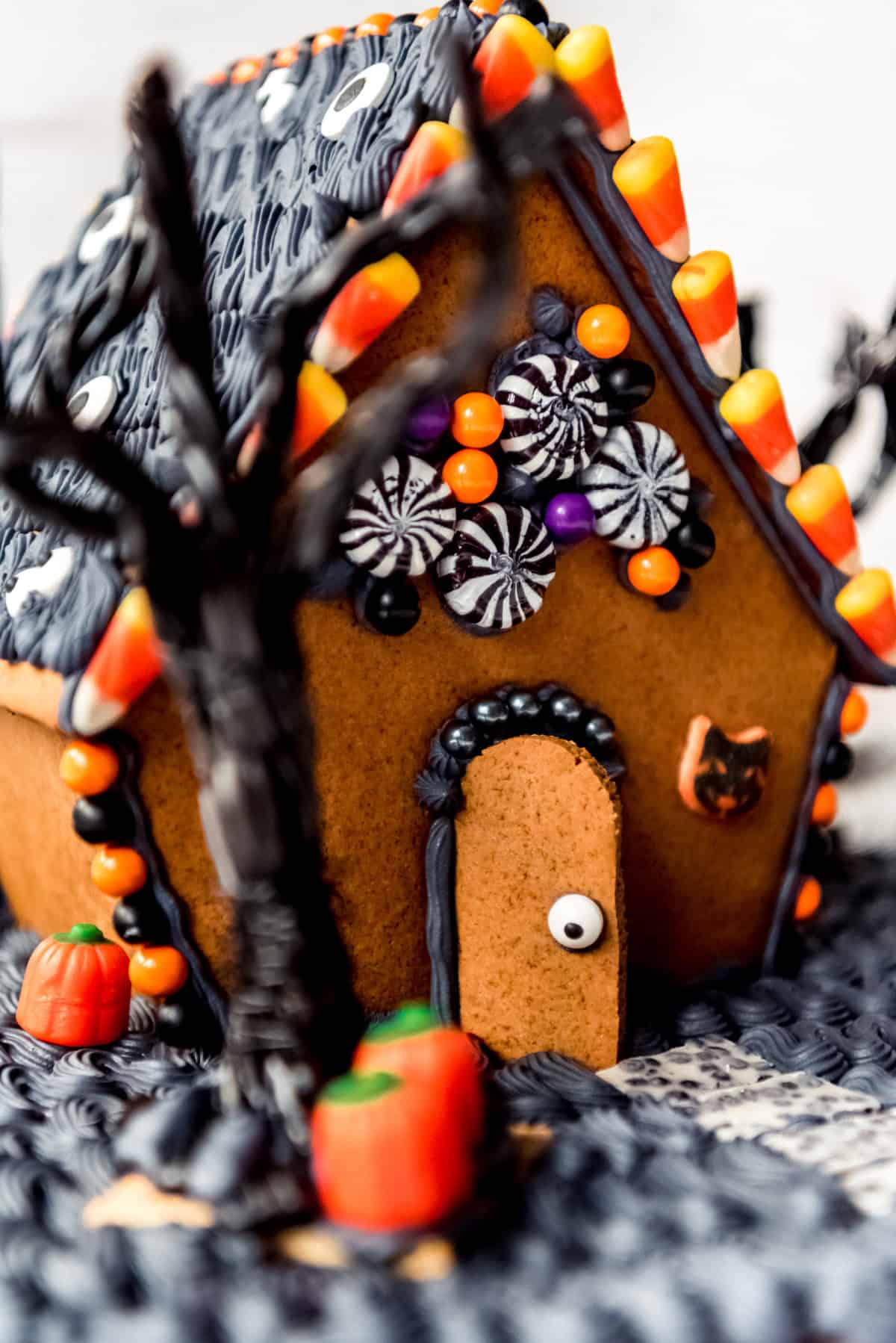 Candy details on a Halloween gingerbread house.