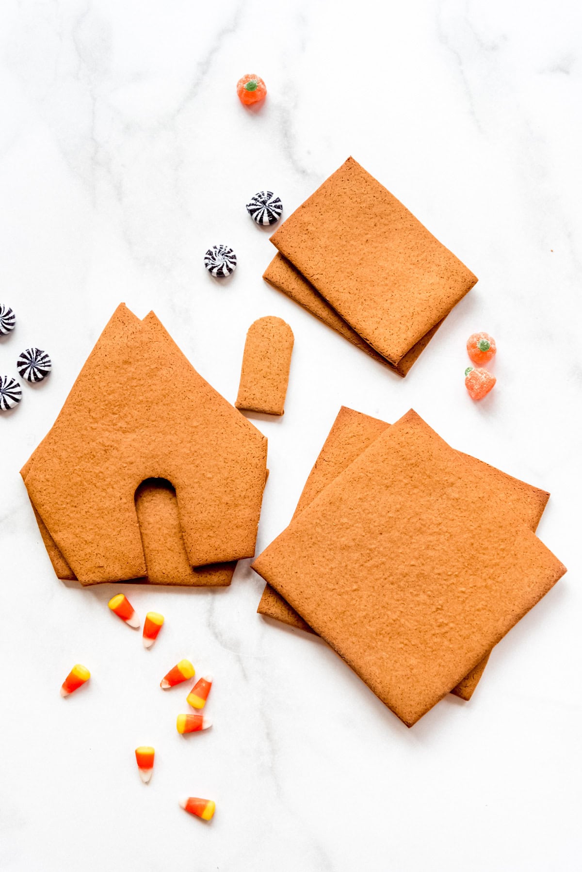 Pieces of baked gingerbread before assembly.