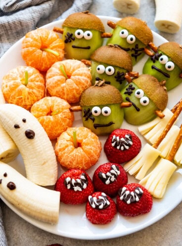 A plate of healthy Halloween snacks.