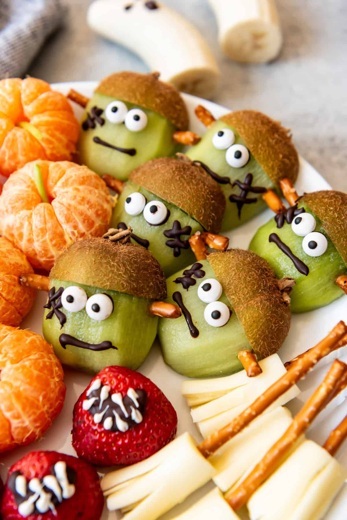 Kiwi decorated to look like Frankenstein.