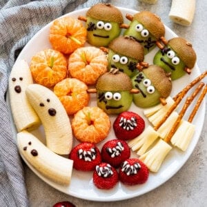 A plate of healthy Halloween snacks.