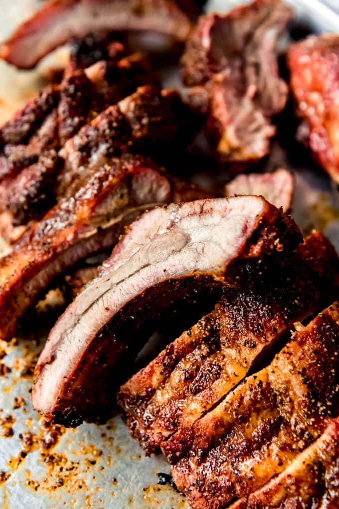 A spice crusted smoked baby back rib.