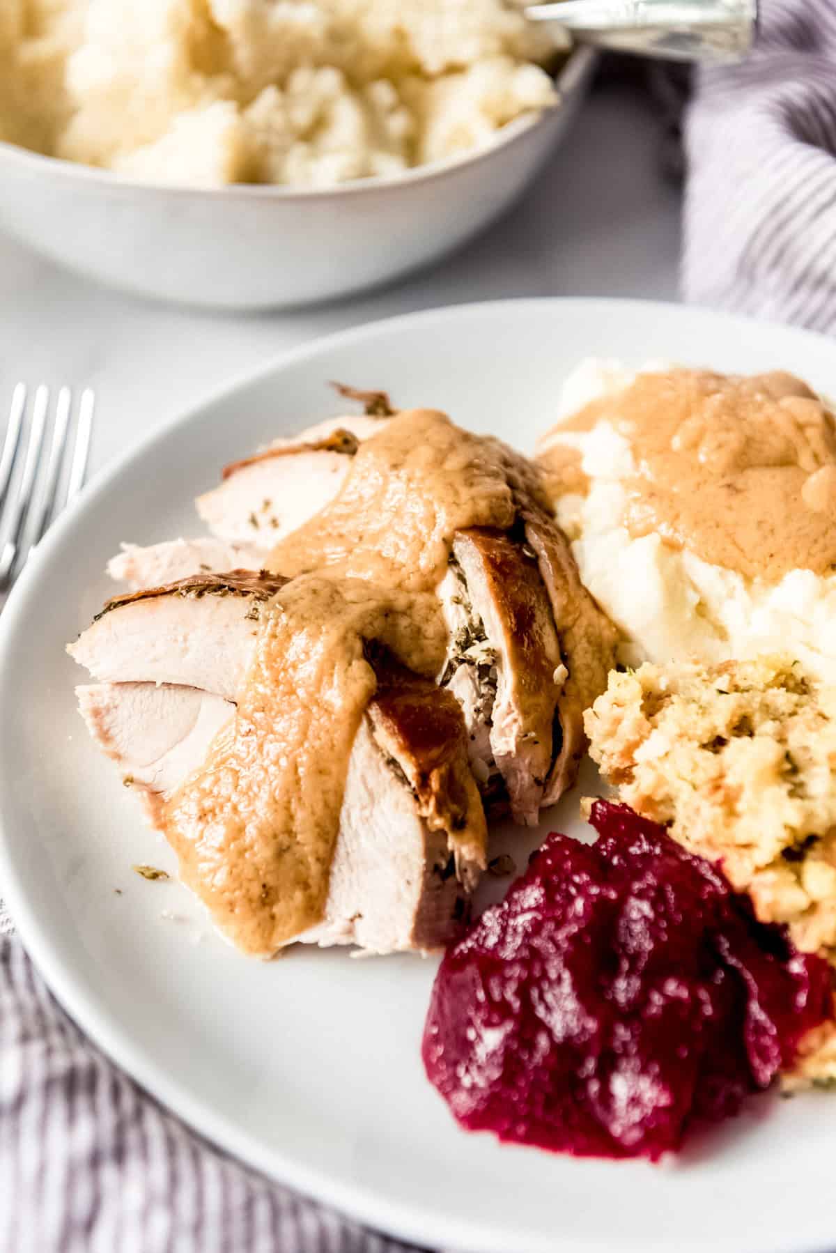 Sliced turkey breast with gravy on a plate.