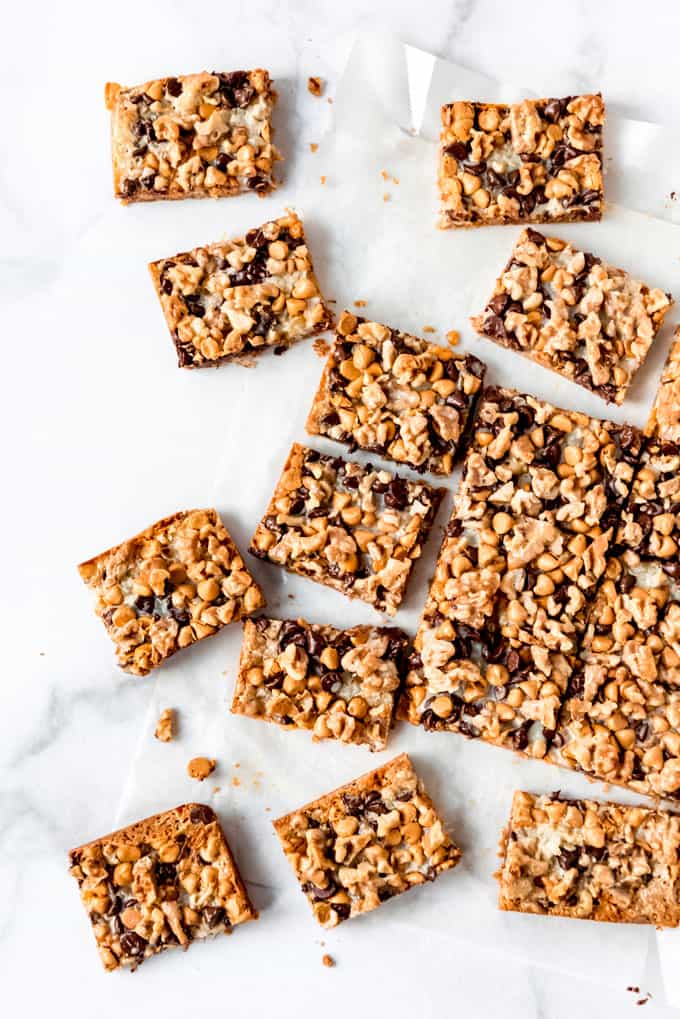 easy 7 layer bars, cut into squares