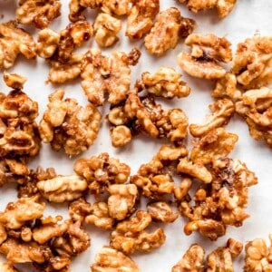 Close up of candied walnuts.