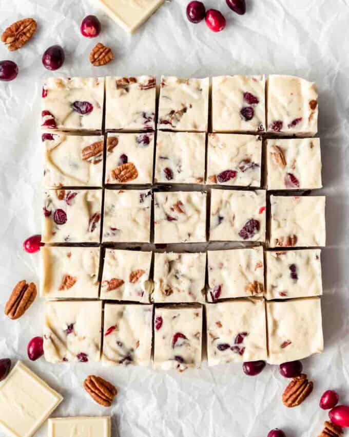 A batch of white chocolate fudge cut into squares.