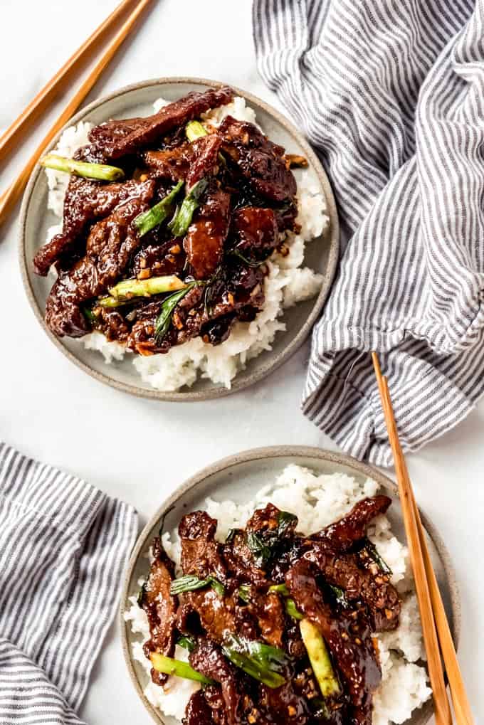 Mongolian Beef on rice with chop sticks