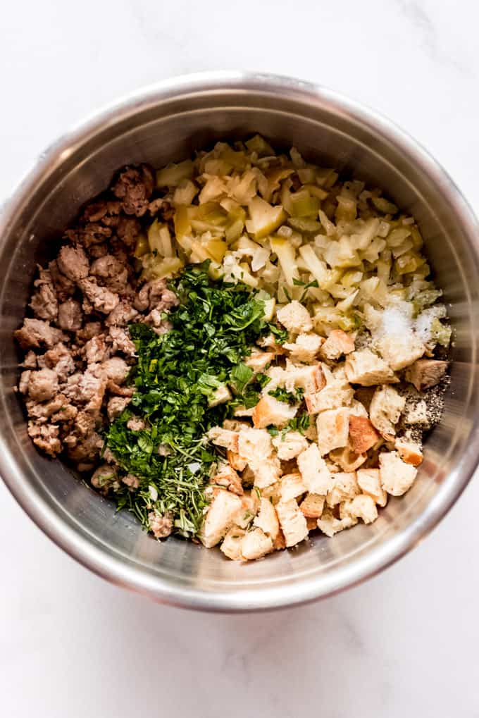 Stuffing ingredients in a large bowl.