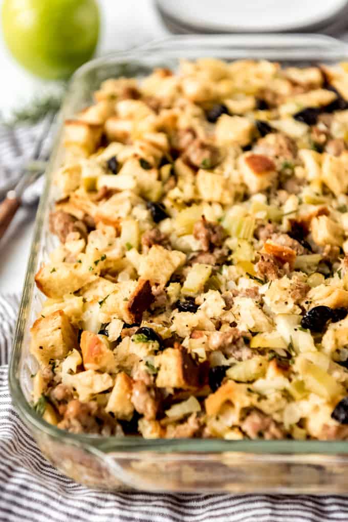 Stuffing with apples, cranberries, and Italian sausage.