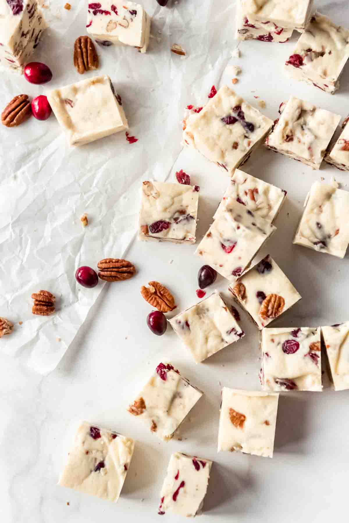 Pieces of homemade white chocolate fudge.