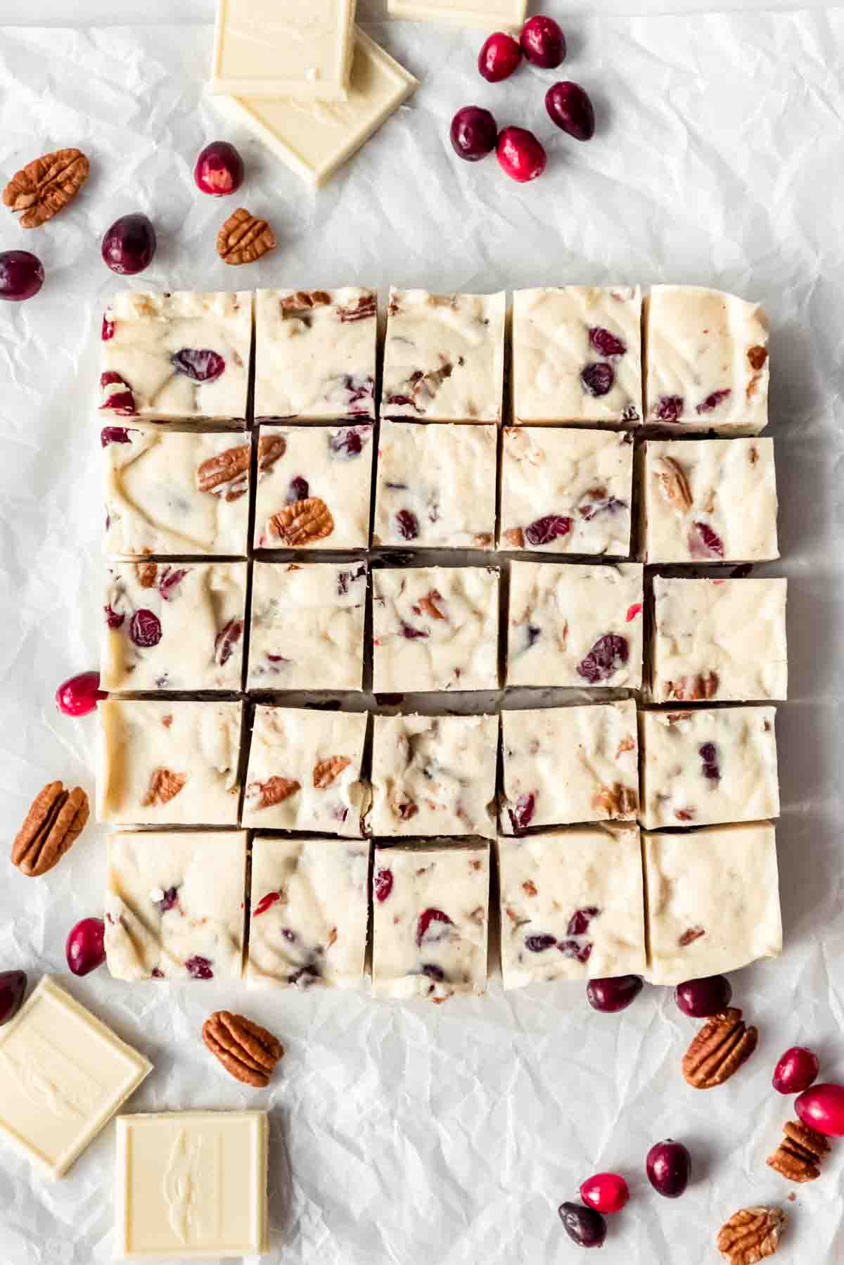 A batch of white chocolate fudge cut into squares.