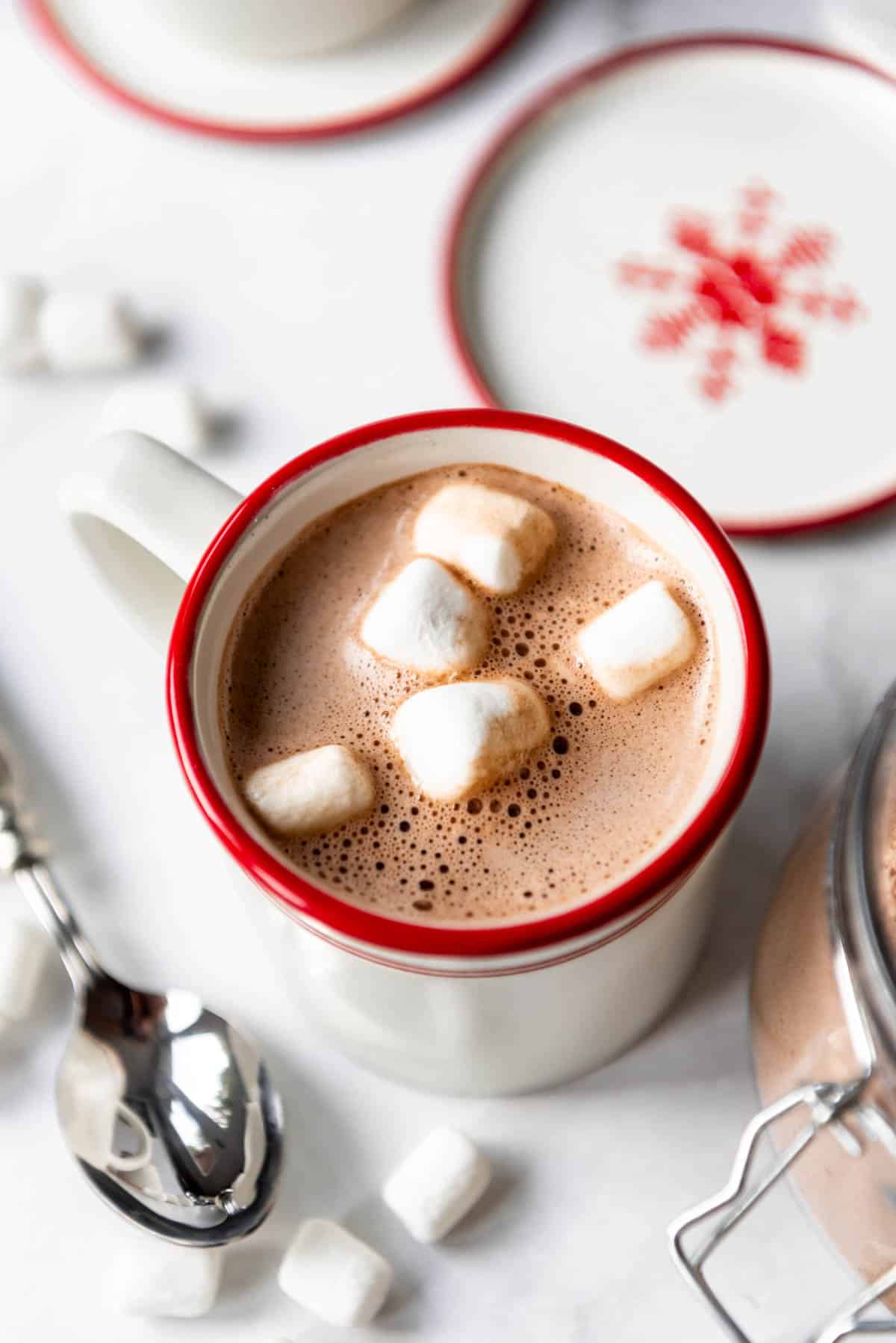 A cup of hot chocolate with marshmallows in it.