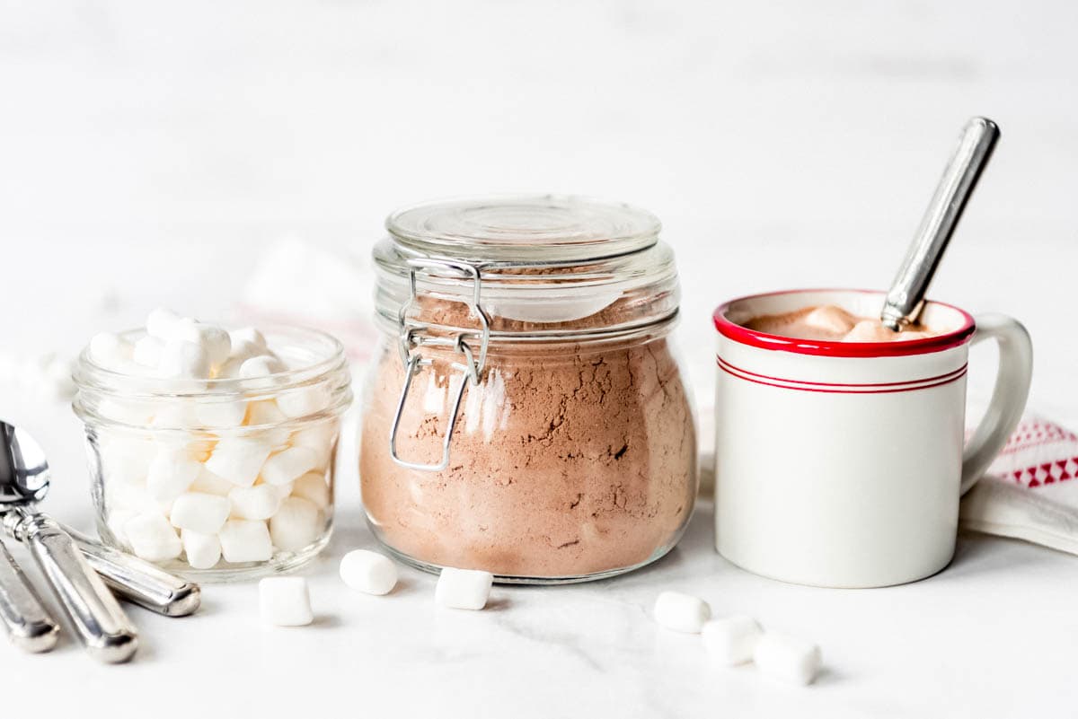 Marshmallows, hot cocoa mix, and a mug.