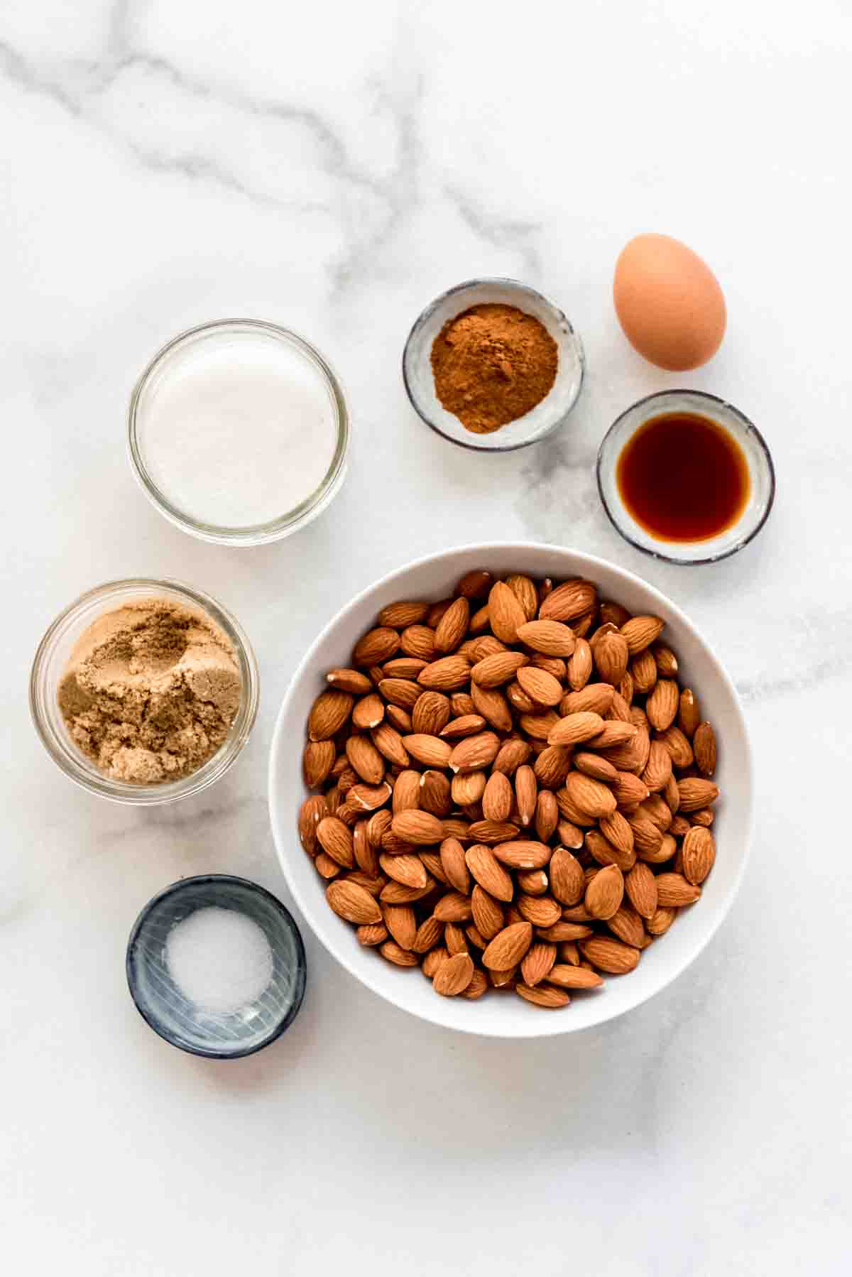 Candied almond ingredients in bowls