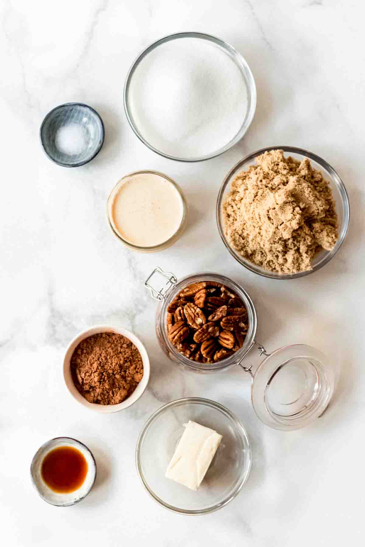 Praline ingredients in separate bowls.