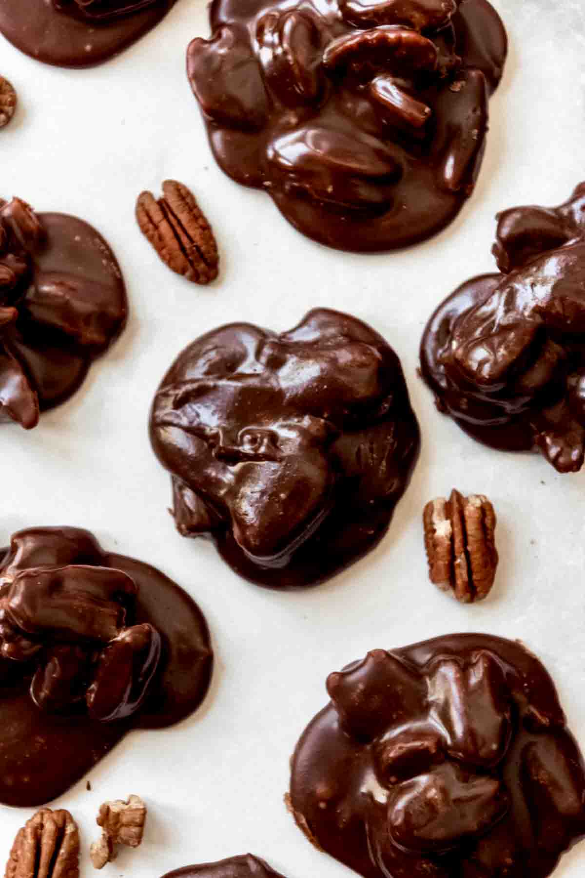 Homemade southern chocolate pralines on parchment paper.