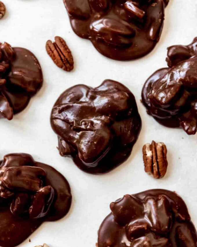 Homemade southern chocolate pralines on parchment paper.