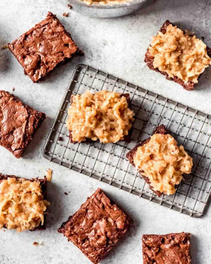 An overhead image of brownies with german chocolate frosting.