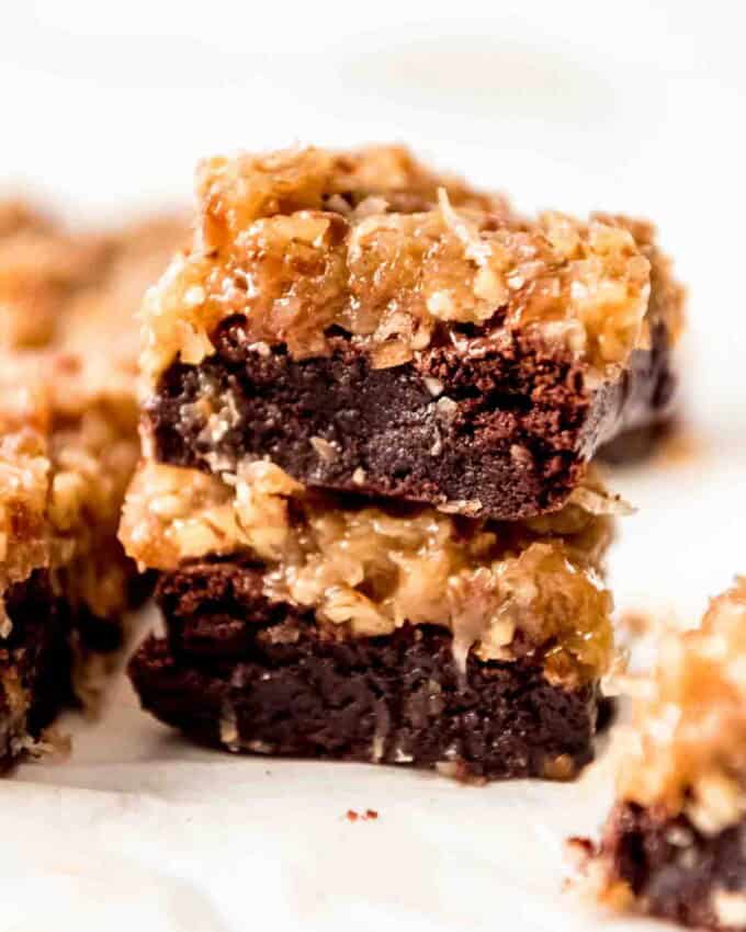 German Chocolate Brownies, stacked