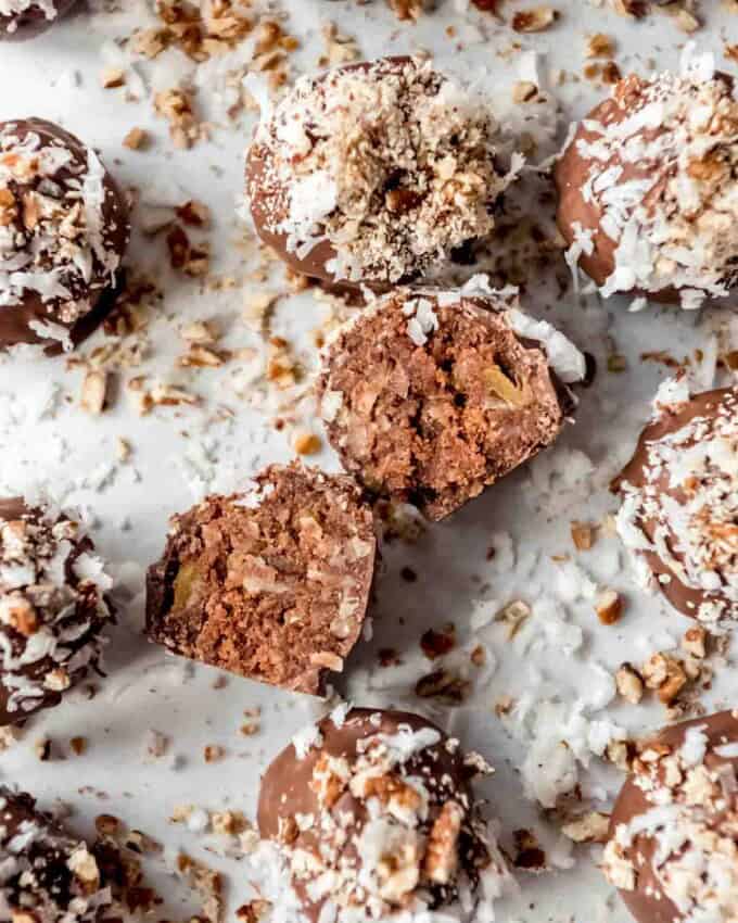 A german chocolate cake truffle cut in half.