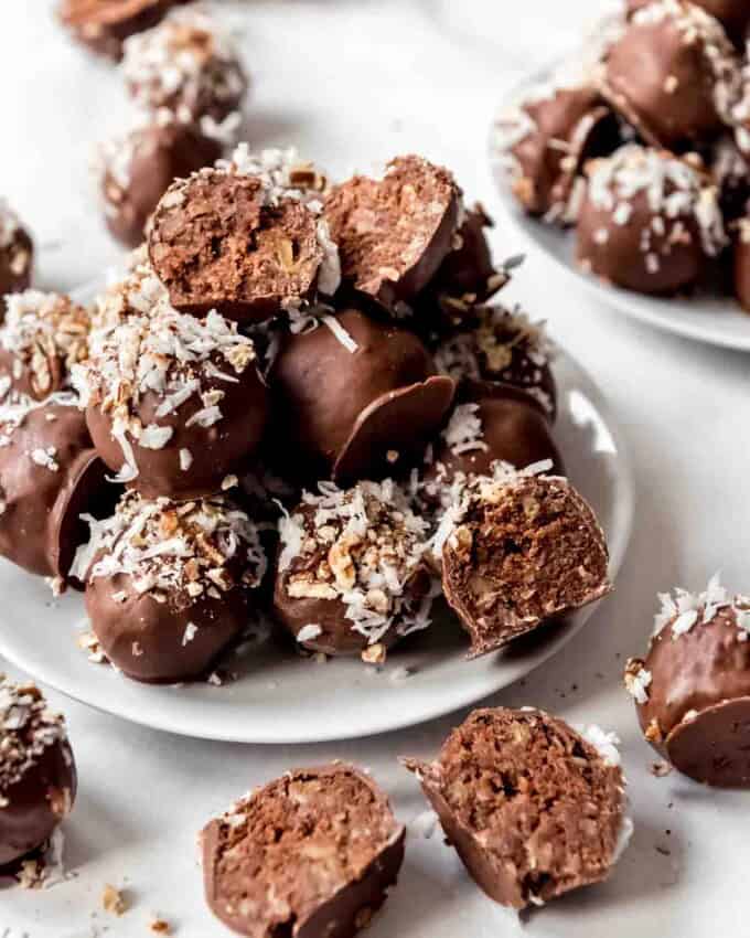 German Chocolate Cake Balls on a white plate.