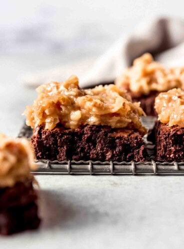 German Chocolate Brownies cooling on a cooling rack.