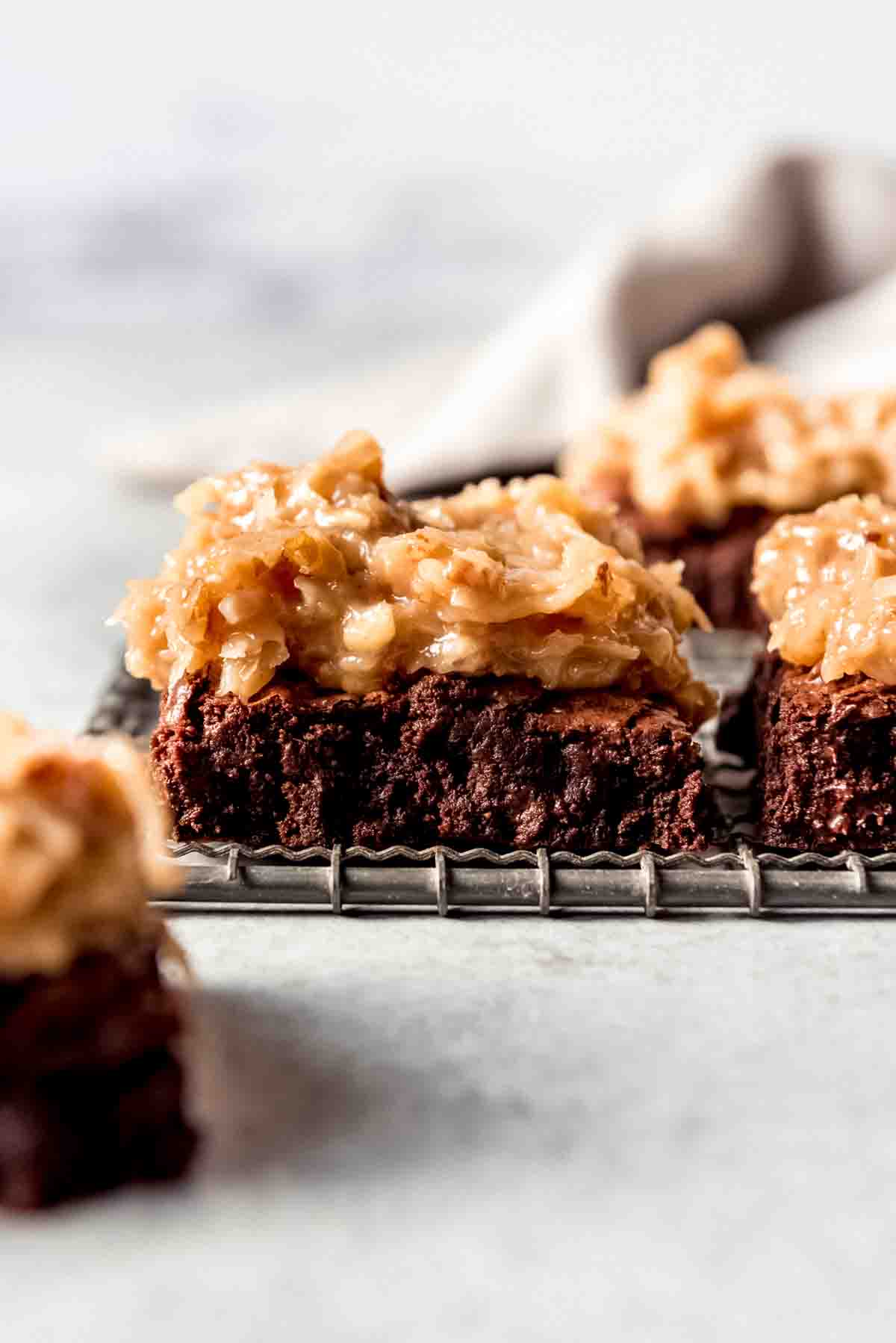 German Chocolate Brownies cooling on a cooling rack.